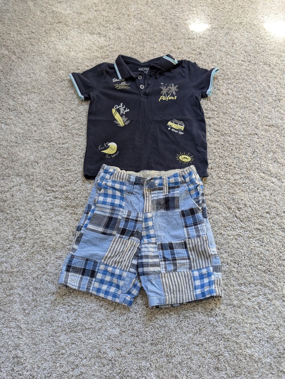 Navy Surf Graphic Polo & Blue Patchwork Shorts Set - 3T